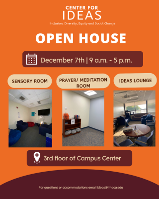 Bright orange flier with images of Sensory room, Prayer/Meditation room and IDEAS Lounge.