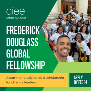 Text information about the Frederick Douglass Global Fellowship, and a photo of students of color participating in the program