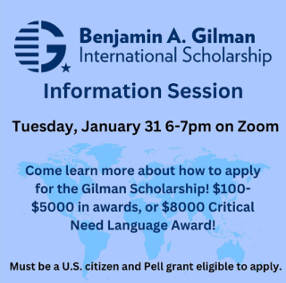 Benjamin A. Gilman International Scholarship logo and text information about upcoming January 31 info session