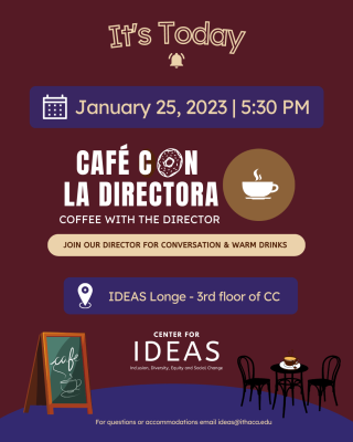 Image with coffee cups, cafe table, announcing the details of the event