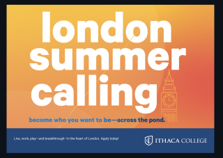 White lettering on a yellow orange background, with a sketch of Big Ben. Text reads "London summer calling. Become who you want to be - across the pond"