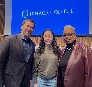 Chair of the Board of Trustees Dave Lissy ’87, with keynote speaker Cameryn Nichols ’23, and President La Jerne Terry Cornish.