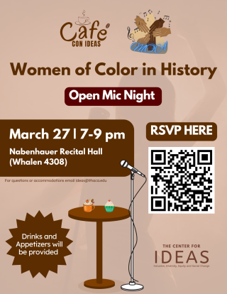 Event flyer for Café con IDEAS & MOCA on March 27th, 2023, from 7-9pm in Nabenhauer Recital Hall (Whalen 4308)