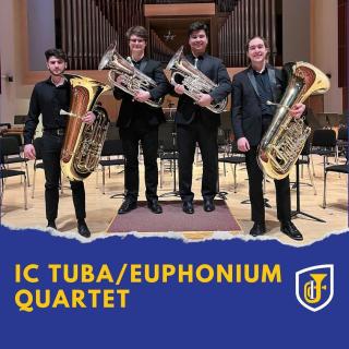 4 tuba and euphonium players stand with their instruments
