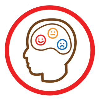 Emotional Wellness Icon. Features a thin red outlining ring with a silhouette of human head. Inside head is three faces, one smiling, one frowning, and one expressionless. 