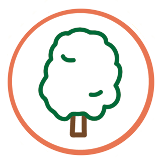 Circular icon image of a tree. Background of inner circle is white with brown tree trunk and green tree top in clip art style. There is a burnt orange ring encircling the inner portion of the icon and white outline on the outside of the thin orange ring.
