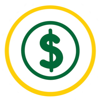 Financial Wellness icon. It is a thin yellow outer ring with a green dollar sign logo centered in the middle on white background.