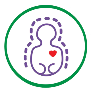 Spiritual Wellness icon. It is a thin green outer line with a silhouette of a person in purple in the center on a white background. There is a red heart inside the person.