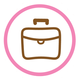 Vocational Wellness icon. It is a thin pink outer line with a brown briefcase icon centered in the middle on a white background.