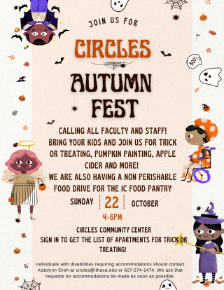 Advertisement for Circles Autumn Fest with 4 kids dressed up as a vampire, angel, a pumpkin, and a witch. The advertisement has pumpkins, leaves, bats, spiders, and ghosts in the background of the flyer. Text on the flyer includes information about the event, date, time, and location which is also listed in the caption.