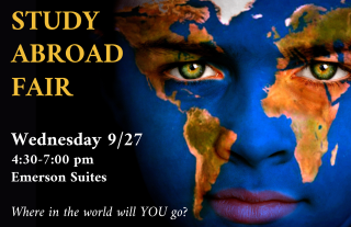 A face with a world map painted on it. To the left, text reading "Study Abroad Fair, Wednesday 9/27, 4:30-7:00 pm, Emerson Suites.  Where in the world will YOU go?"
