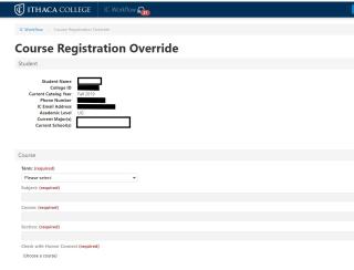 Screen Image of Course Registration Override