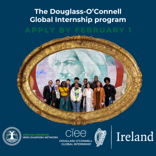 Dark blue background and a framed picture of a group of diverse students. Text reads: "The Douglass-O'Connell Global Internship program. Apply by February 1"