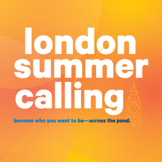 A colorful square shape with the image of Big Ben. Text reads, "London Summer Calling. Become who you want to be - across the pond"