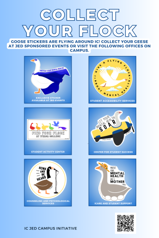 Poster highlighting 6 goose stickers available at on campus offices and at JED events. 