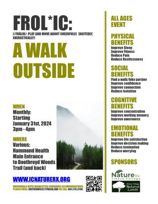 This poster shares details of the community walk including date, time, and location.  The poster provides descriptions of potential benefits of the walk.  There is a photograph of a path through a forest with a mountain in the background.  There is a link for icnaturerx.org.  There is an email address and phone number provided for those seeking accommodations.  Sponsors are noted. 