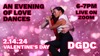 Flyer of An Evening of Love Dances Featuring Sarah Hillmon and Daniel Gwirtzman against a Red Background