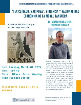 Poster of talk with text in Spanish and English. An image on the left-hand side shows two male figures and a sepia-colored photo bust of a man. An image on the right-hand side shows a photo of a man with short hair, facial hair and a grey sweater