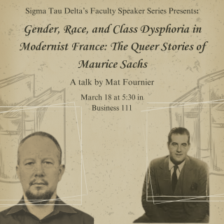 Flyer explaining details of talk with words in the center from the top of the page to the middle of the page. There is a bust-size photo of a man on the bottom left-hand side with facial hair and a dark shirt in black and white, and another photo of a different man in the bottom right-hand side from the hip up, with a suit and tie in black and white.   