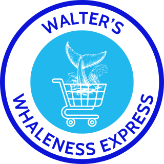 Walter's Whaleness Express, image of a shopping cart with a whale tail (Walter) jumping into the cart