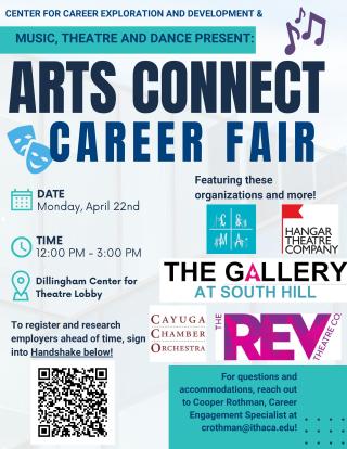 Flyer describing the 2024 Arts Connect Career Fair with QR code to register on Handshake 