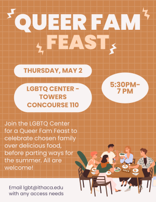 White and peach text describing details for the Queer Fam Feast event sit against a light brown gridded background. In the lower right corner, a graphic depicts a gender-diverse group of folks enjoying food and conversation around a table.