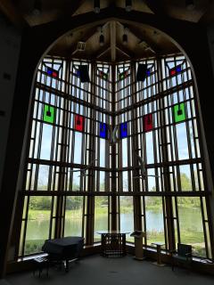 A picture of Muller Chapel's stained glass.