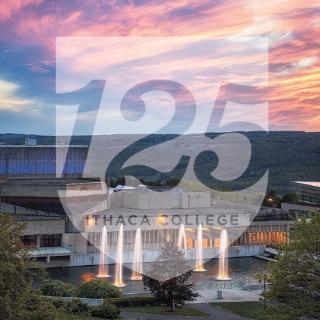 "125" icon overlayed over scenic view of fountains at sunset. 