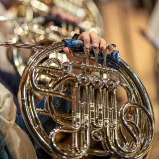 Horn players in an ensemble