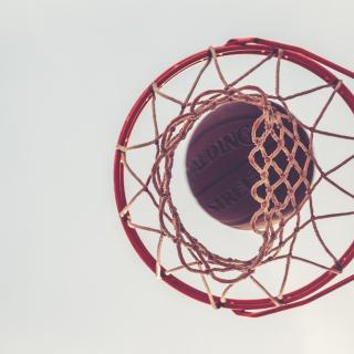 Basketball falling through a hoop.