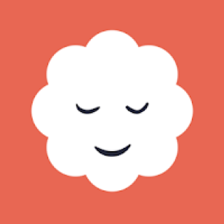 Red background featuring a white cloud smiling peacefully with its eyes shut