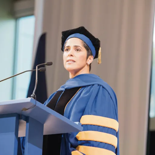 A woman in academic cap and gown stands at a podium with microphones and looks out over the crowd. 