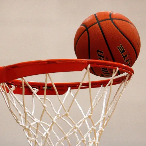 Basketball falling through a hoop.