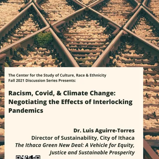 FA2021 Discussion Series poster showing trains tracks in background