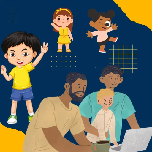 Illustration of a mom and dad with a small toddler and other children