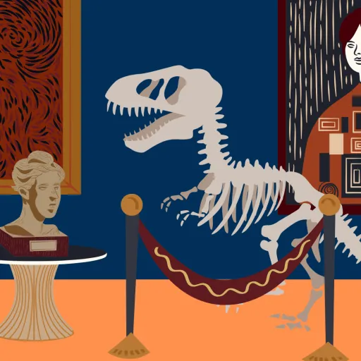 illustration of a dinosaur skeleton on display in a museum