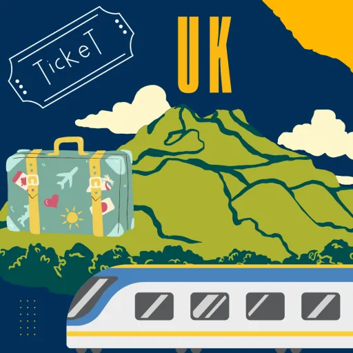 illustration of a suitcase, green countryside, and a train