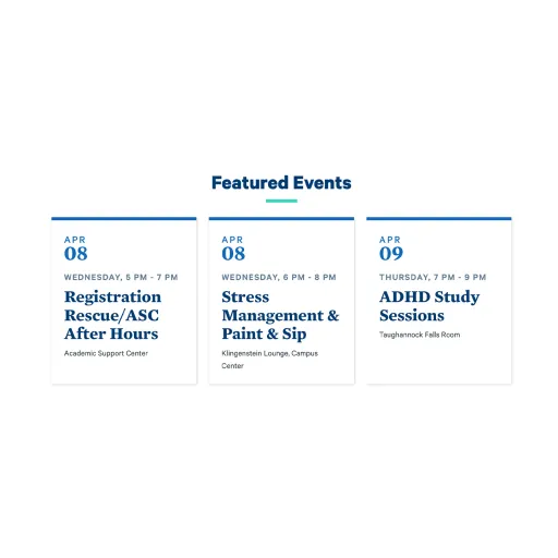 Example of the "Featured Events" component / paragraph, showing three events.