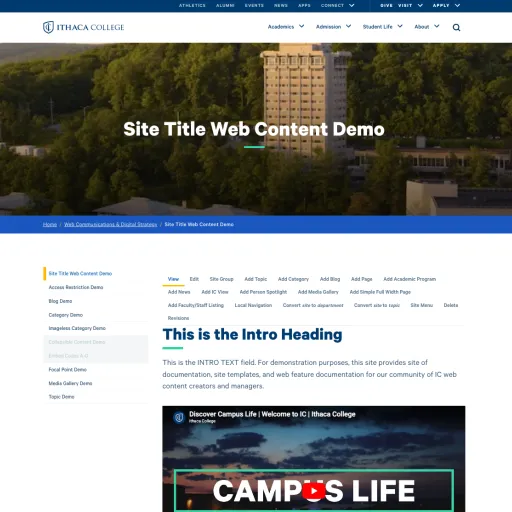 Example of a Site, the top-level landing page for an office, center, or other unit's section of ithaca.edu.