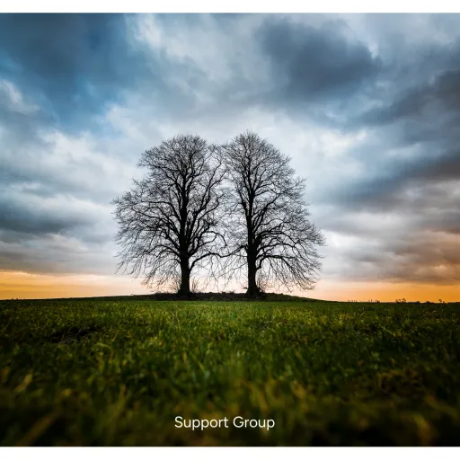 two trees connecting with a dramatic cloud filled sky in the background