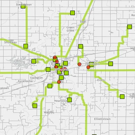 Example of a map created using GIS software with routing lines